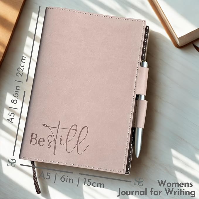 SETTINI® Refillable Vegan Leather Journal with Pen, Be Still Pink | refillable insert system, luxury pen, 192 pages, vegan leather, A5, lined refill, faith gift