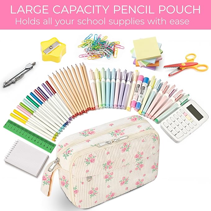 WOBAGMEN Cute Pencil Case,Large Corduroy Zippered Pencil Case Pouch, aesthetic Pencil Bag with Compartments, Pencil Pouch School Supplies (HY-corduroy pc-pink floral)