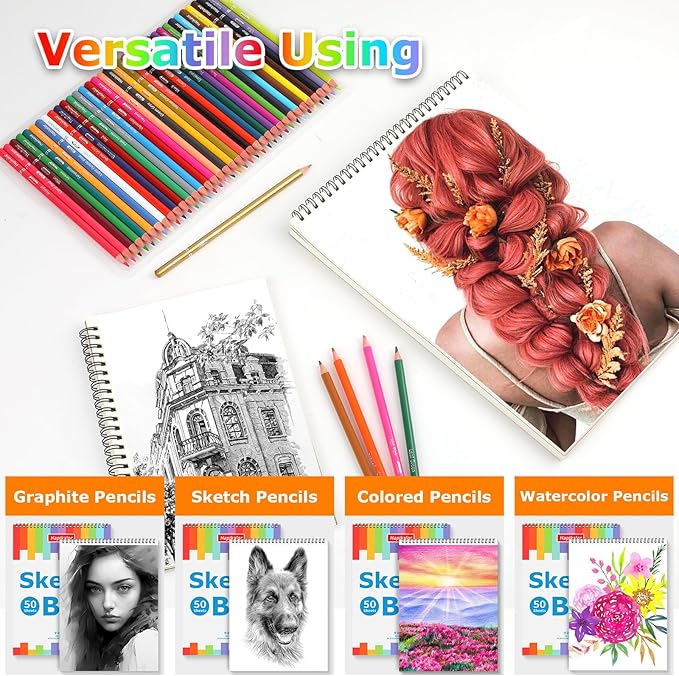 4 Pack 9x12 Sketch Book Spiral Bound, 50 Sheets Each 100gsm/68lb Acid-Free Drawing Paper, Lay-Flat Art Sketch Pad for Dry Media, Pencil, Charcoal, Sketching & Practice, School Supplies for Kids Adults