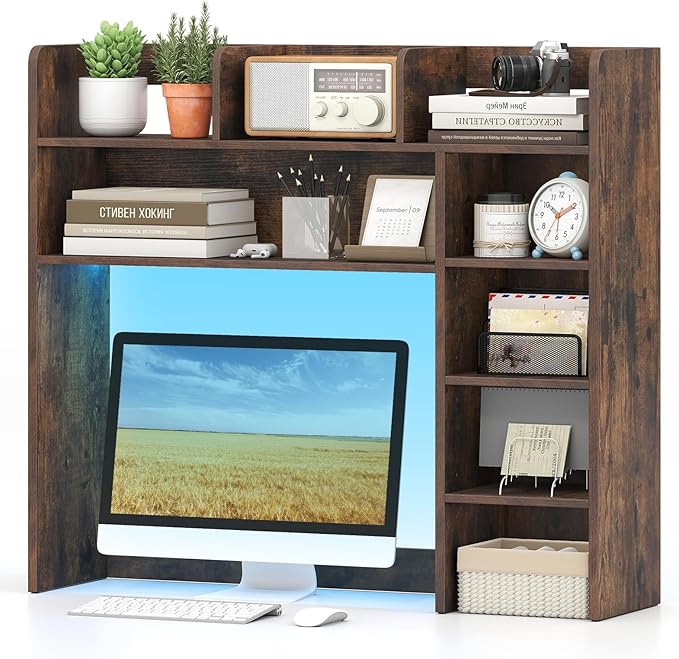 Tangkula Desktop Bookshelf with LED Lights, Desk Hutch with 8 Shelves for Max 25" Monitor, Desktop 5-Tier Display Rack, Multipurpose Wood Desktop Storage Hutch Organizer for Dorm Office Home