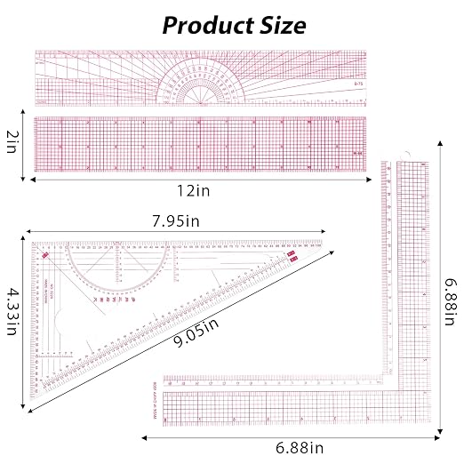 Clear Ruler for Sewing, 4 Pcs Plastic Grid Transparent Quilting Rulers with Sandwich Scale L Shaped and Triangle Ruler Sewing Measuring Tools for Pattern Grading Making Quilting Clothes Design Crafts