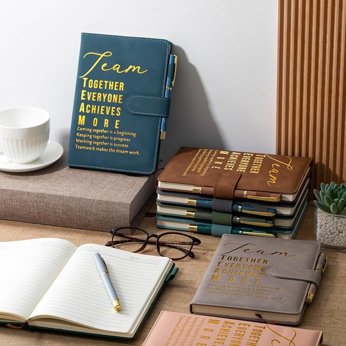 Kosiz 20 Pcs/10 Sets Employee Appreciation Gift Bulk A5 Leather Notebook Inspirational Journal Pen Thank You Gift for Men Women Coworker Teacher Office Back to School(Morandi,Team)