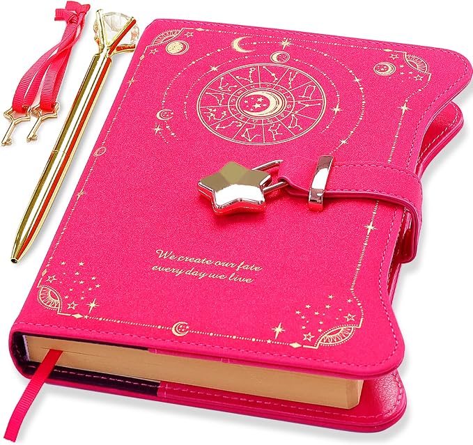 Hoci Poci Diary with Lock and Keys for Girls Gift Ideas, 360 Pages Journal | Elegant Gift Box for Teen Girls, B6 Kraft Pages Refillable Notebook with Pen and Bookmark for Writing, Astro Hot Pink