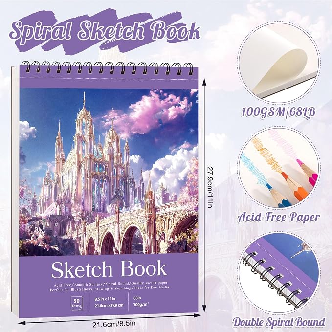 Sketch Book 8.5×11 inch, Spiral Bound Sketch Pad 100 Sheets (68lb/100gsm), Acid-Free Sketchbook for Drawing Painting Sketching, Art Paper Drawing Supplies for Teens Adults Artists Ideal Gifts（Purple）