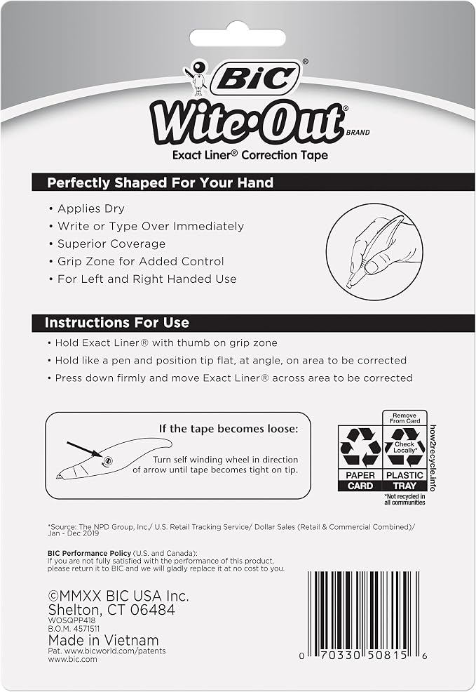 BIC Wite-Out Brand Exact Liner Correction Tape, 19.6 Feet, White, Fast, Clean and Easy to Use Tear-Resistant Tape, 4-Count (Pack of 3)