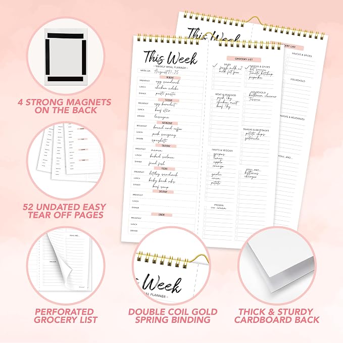 Decorably 52 Sheets Minimal Pink Undated Magnetic Weekly Meal Plan Grocery List Notepad with 4 Strong Magnets - 8.5x11in Spring-Bound, Refrigerator Mountable, Easy Tear-Off Design
