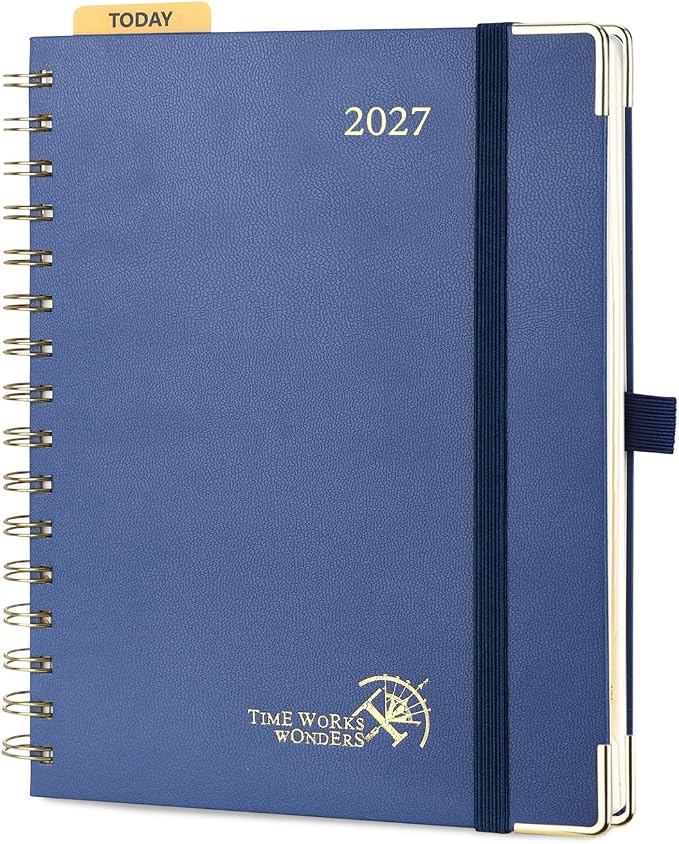 POPRUN 2027 Planner Daily Weekly and Monthly Calendar with Hourly Schedule(Medium Size 8.5'' x 6.25'' Wire-Bound Hard Cover) - Agenda 2027 (Jan.2027-Dec.2027), Monthly Tabs - Navy Blue