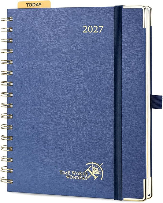 POPRUN 2027 Planner Daily Weekly and Monthly Calendar with Hourly Schedule(Medium Size 8.5'' x 6.25'' Wire-Bound Hard Cover) - Agenda 2027 (Jan.2027-Dec.2027), Monthly Tabs - Navy Blue