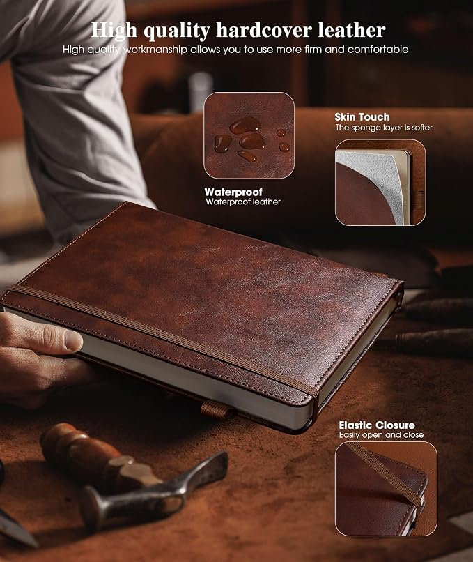 Lined Leather Journal Notebook for Men Women, Hardcover Journals with 256 Numbered Pages, A5 Journaling Notebooks for Writing, 100GSM Thick Ruled Paper for Business Work School 5.75"×8.38", Brown