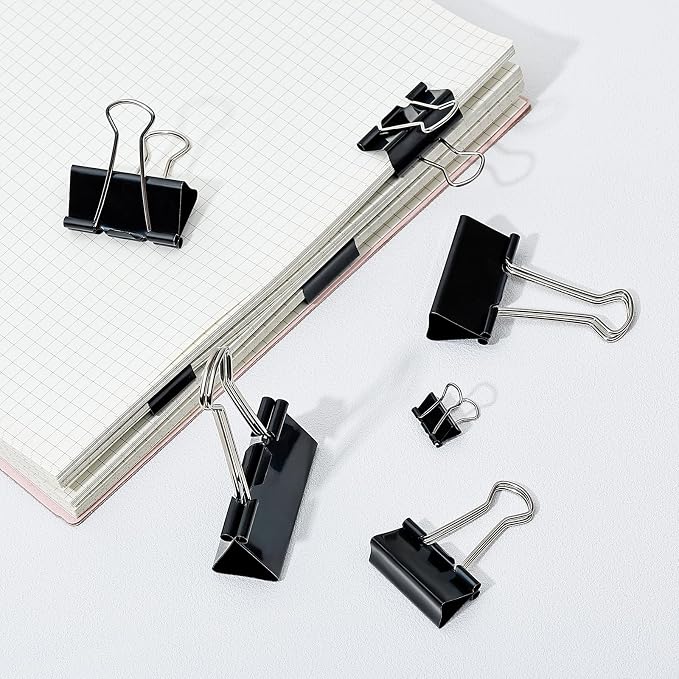 Temiary 188 Pcs Binder Clips with Container, Assorted 6 Sizes Clamps, Black | 0.6 & 0.75 & 0.98 & 1.26 & 1.6 & 2 Inch Metal Binder Clip in One Pack, Paperwork Clamp Bulk for Office, Home, School