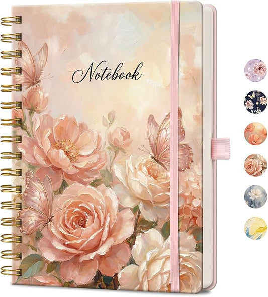 AHGXG Spiral Journal Notebook, 160 Lined Pages, A5 Size (5.7'' x 8.3'') | for Women, Journaling, Writing, Work & Office, Hardcover, 100 GSM Thick Paper (Pink Rose Butterfly)