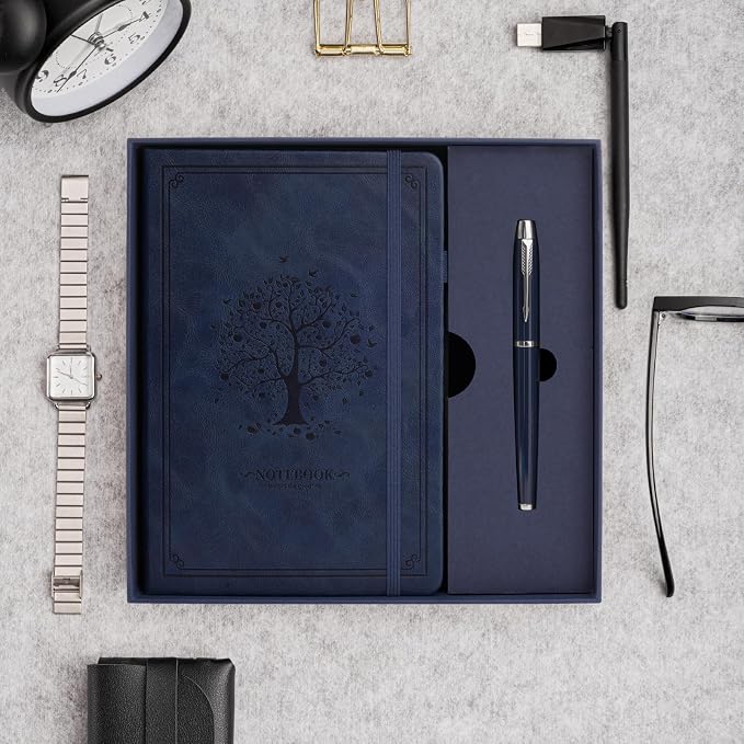 Lined Notebook with Gift Box for Women Men 320 Pages A5 Hardcover Leather with Pen Holder College Ruled Journals for Work Note Taking Travel School Navy Blue