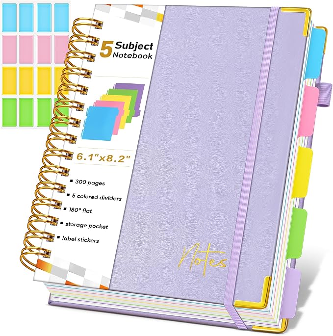 Spiral Notebook Journal with Removable Dividers Tabs, 300 Pages Hardcover Leather 5 Subject College Ruled Notebook, 6.1"x8.2" Large A5 Lined Journal for Women, Spiral Notebook for Work School, Purple