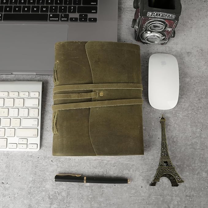 KomalC Handmade Leather Journal 7x5 Inch | Green Vintage Notebook with Unlined Pages | Cotton Recycled Paper | Antique Travel Diary, Sketchbook, Writing Journal for Men & Women