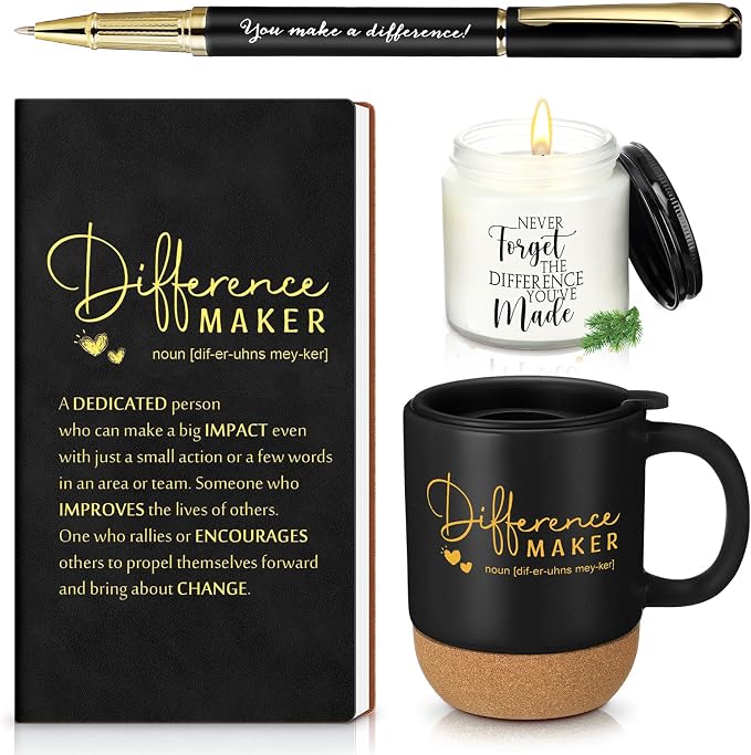 Vesici 4 Pcs Difference Maker Gift Set Mug Notebook Candle Pen,Black,Word