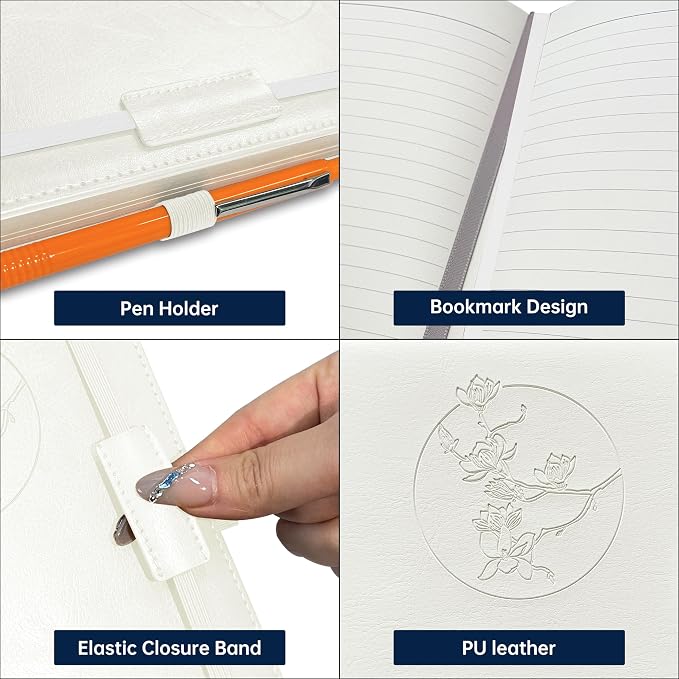 Notebook Journal for Women Men,256 Pages A5 Hardcover Leather Journaling Notebooks for Work,lined journal/notebook with 100Gsm Paper,Pen Holder and inner pocket 5.8"×8.4"(White)
