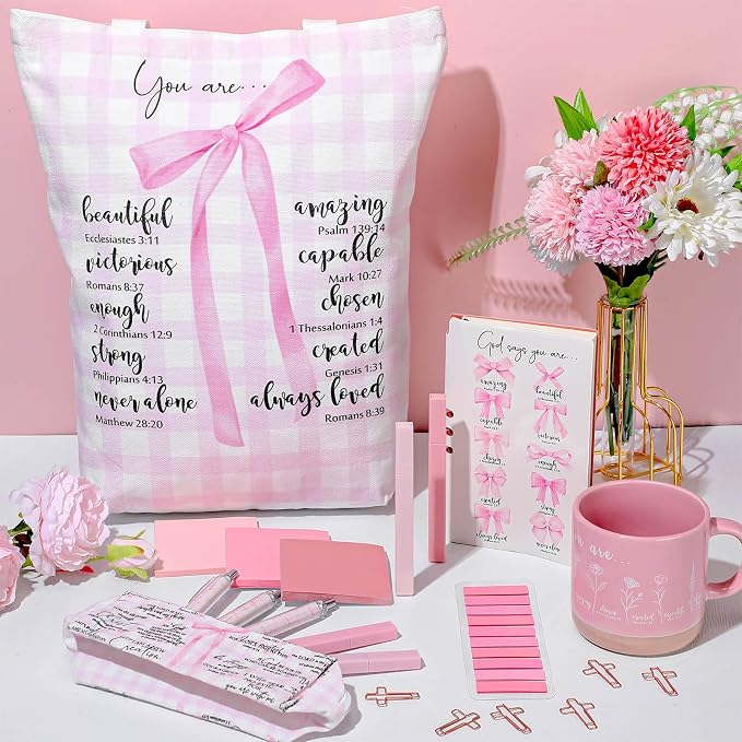 Reallnaive 25 Pcs Bible Journaling Supplies for Women, Bible Study Kit with Notebook Mug Tote Bag Pouch Pens Highlighter Sticky Notes Pink Christian Gift for Teen Girl, Teacher, Back to School