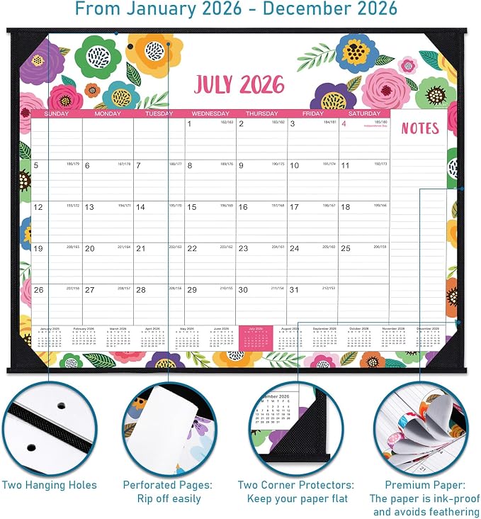 2026-2027 Desk Calendar - Large Desk Calendar 2026-2027, Jul 2026 - Dec 2027, 22" x 17", 18 Month Large Calendar 26-27 with Corner Protectors, To-Do List & Notes, Desk/Wall Calendar for Organizing - Colorful Floral