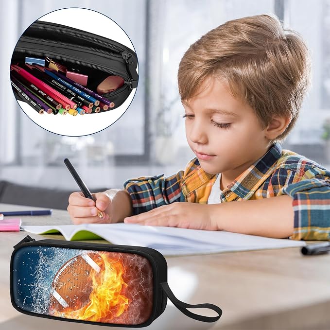 TILYTADLY Large Pencil Case for Boys - American Football Boys Pencil Pouch with Zipper Compartments - Big Capacity Pen Box Pen Bag Organizer with Keychain for Kids Teens School
