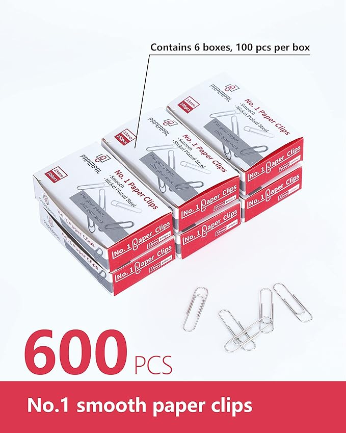 PAPERPAL Paperclips for Office School & Personal Use, #1 Smooth Paper Clip (1-2/7"), 600 Medium Paper Clips (6 Boxes of 100 Each), Silver | Medium paper clips for office, school and personal use, conveniently packed in 6 boxes of 100 each.