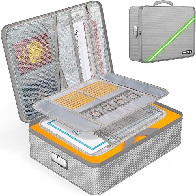 Noiposi 5200℉ Fireproof Document Box with Lock 16.1"x11.4"x4.3"- 8 Layers | Home ,Travel ,Strong, Water Resistant,Safe Storage Document Storage Organizer for Important Documents and File,Silver