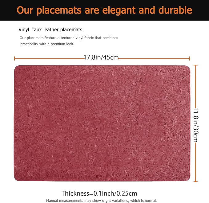 Red Plastic Placemats Set of 6, Faux Leather Waterproof Table Mats | Red Vinyl placemats,Wipeable and heat resistant table mats.Easy to clean,great for indoor and outdoor