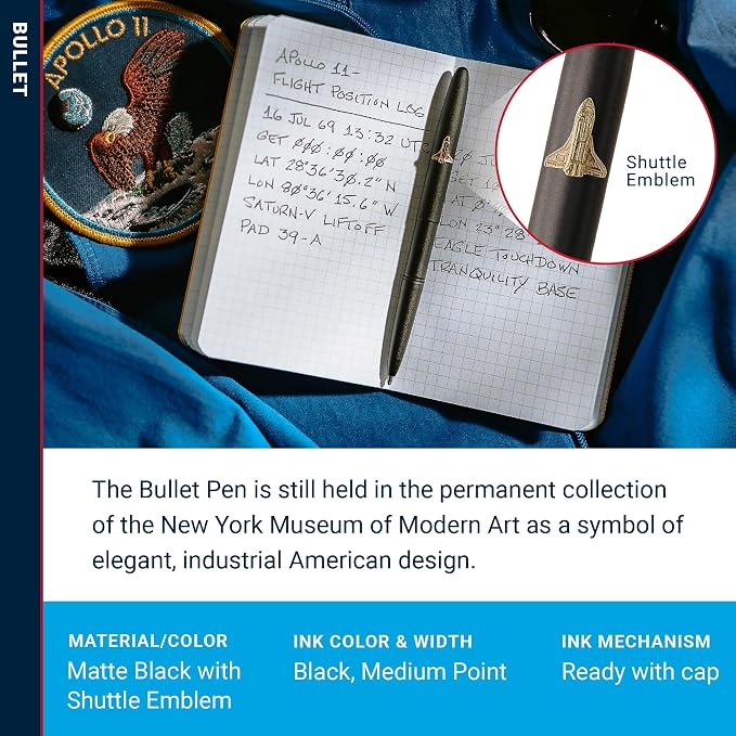 Fisher Space Pen Matte Black Shuttle Emblem Bullet Pen, Pressurized Ballpoint Pen, Compact Size, Writes Upside Down, Extreme Temperatures, Smooth Black Ink, Medium Point, Gift Box, Made in USA