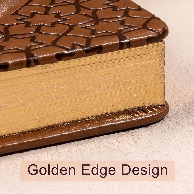 CAGIE Leather Journal Notebook for Men Women, A5 Hardcover | Vintage brown leather cover, 100 GSM acid-free lined paper, gold edges, ribbons and gift box for writing