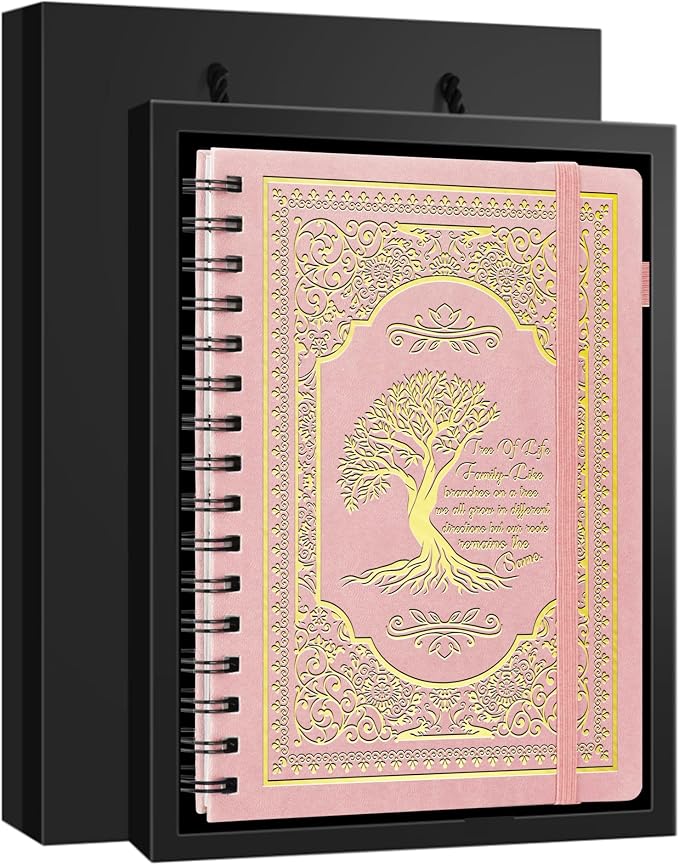 A5 Hardcover Spiral Notebook Tree of Life Journal Daily Journals for Writing Travel Notebooks Journal for Women Men 80GSM Paper Leather Spiral Journal,5.7"x8.3"（Spiral Tree -Pink)