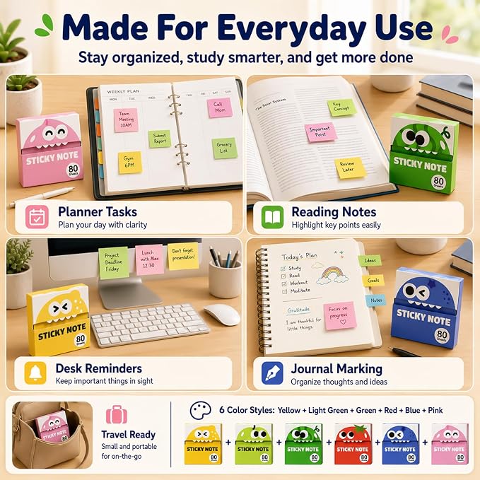 6 Boxes of Transparent Pull Out Sticky Notes (480 Sheets Total), Cute Fruit Monster Pop Up Sticky Notes, Office Stationery Work Accessories with Strong Adhesion Suitable for Office Work