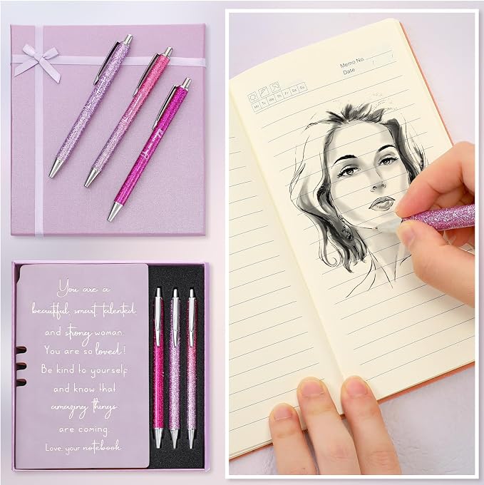 Resurhang 5 Pcs Inspirational Journal for Women Employee Appreciation Gift A6 Leather Journal Glitter Ballpoint Pen with Box for Back to School Teacher Coworker Female Secretary Nurse(Purple)