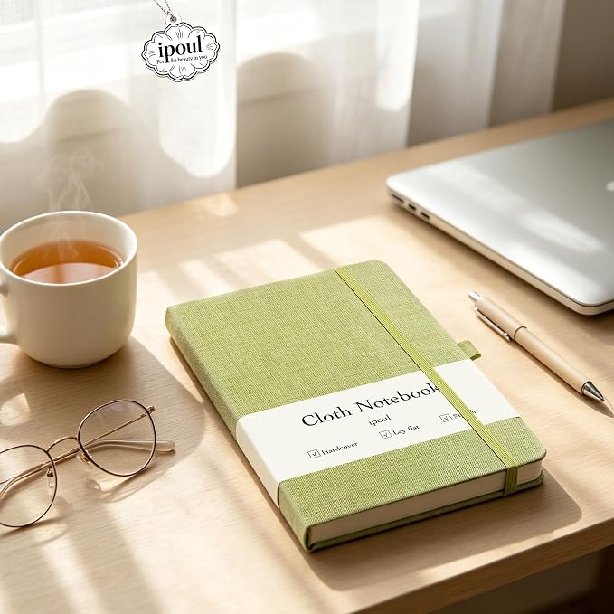ipoul A5 Notebook, Linen Journal, 8x6, Lined Page, Journal for Writing, Hardcover, Lay Flat, Elastic Closure & Pen Loop, Green