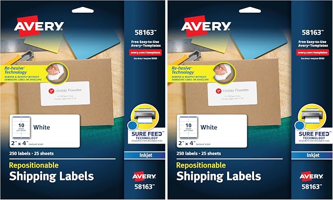 Avery Repositionable Shipping Labels for Inkjet Printers 2 x 4, Box of 250 (58163), White (Pack of 2)