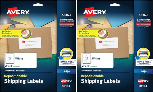 Avery Repositionable Shipping Labels for Inkjet Printers 2 x 4, Box of 250 (58163), White (Pack of 2)