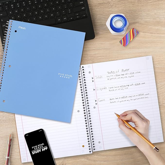 Five Star Spiral Notebook + Study App, 5 Subject, Wide Ruled Paper, 8" x 10-1/2", 200 Sheets, Fights Ink Bleed, Water Resistant Cover, Tidewater Blue (73196)