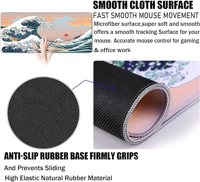 Japanese Large Mouse Pad, DeskMat Office Desk Pad, Extended Large MouseMat for PC, Stitched Edges Gamer Mousepad 31.5 X 15.7 Inch Long Mice Pad, Sunset Sea