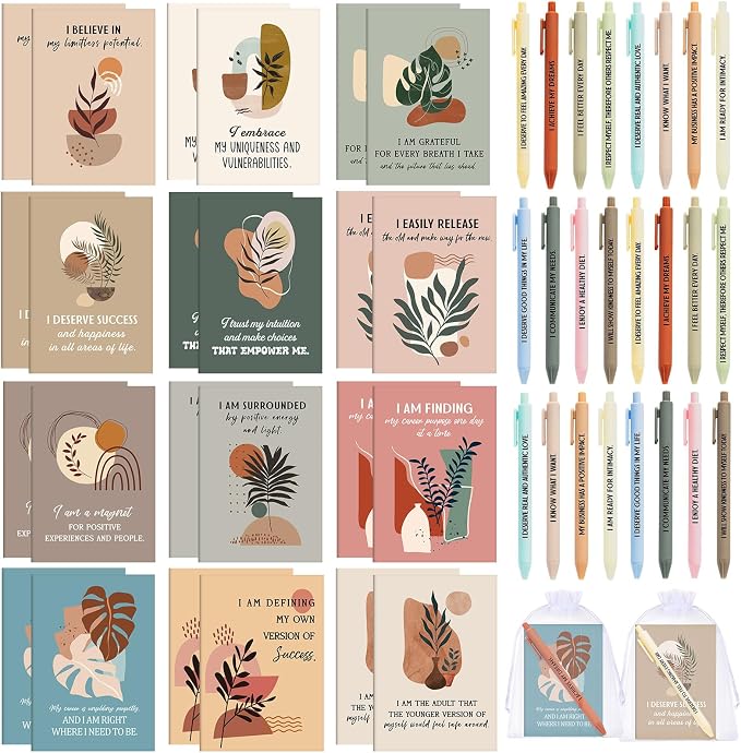 Mooliwe 24 Pcs Positive Affirmation Gift Set Gratitude Notebooks with Pens Small Bags Motivational Encouragement Notepads Daily Affirmations Journal for Women Stress Relief Self Care (Plant)