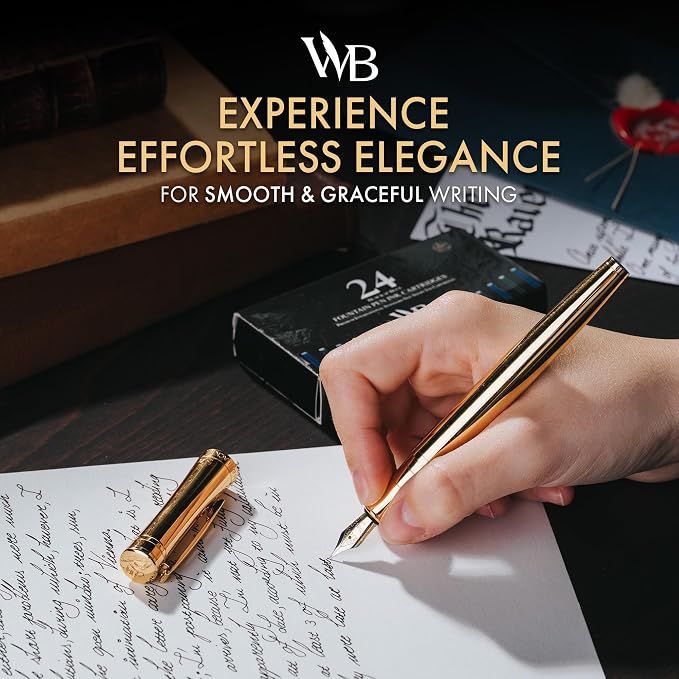 Wordsworth & Black Luxury Fountain Pen Set for Writing, Medium Nib, Gold | Gift for Men & Women, Brass Body, 18K German Iridium, Calligraphy, Converter + 24 Ink Cartridges, Refillable, Leak-Free