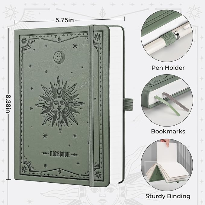 EMSHOI Lined Journal Notebook, 320 Numbered Pages, A5 Size (5.7'' x 8.3'') | Leather Hardcover, 100 GSM Thick Paper, for Women & Men, Journaling, Writing, Work & Office, Sun Debossed (Green)