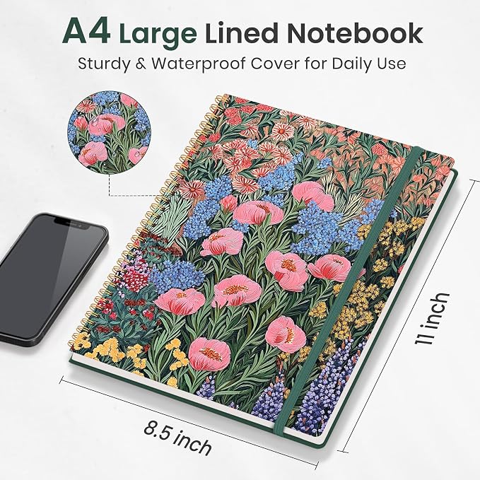 Taja Large Spiral Lined Journal for Women, 8.5" x 11" Notebooks for Work Collge Ruled, A4 Aesthetic Cute Journaling Notebooks for Writing, Plastic Cover, Blooming Symphony
