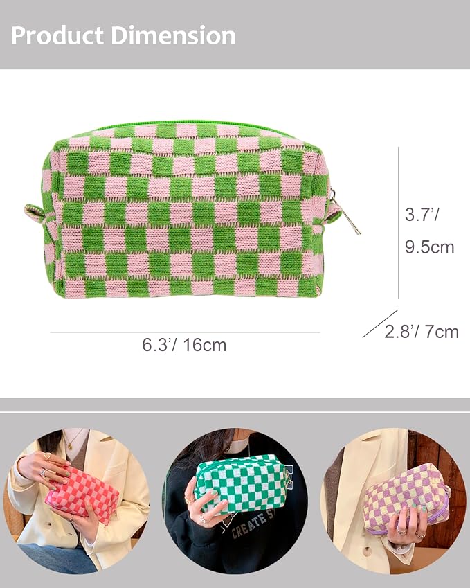 Checkered Makeup Bag for Purse, Small Cosmetic Pouch,Pink Green,2 Pack | Cute Zipper Makeup Organizer for Women, Travel Essentials, Toiletries, Makeup Brushes, Beauty Accessories&Bridesmaid Gifts