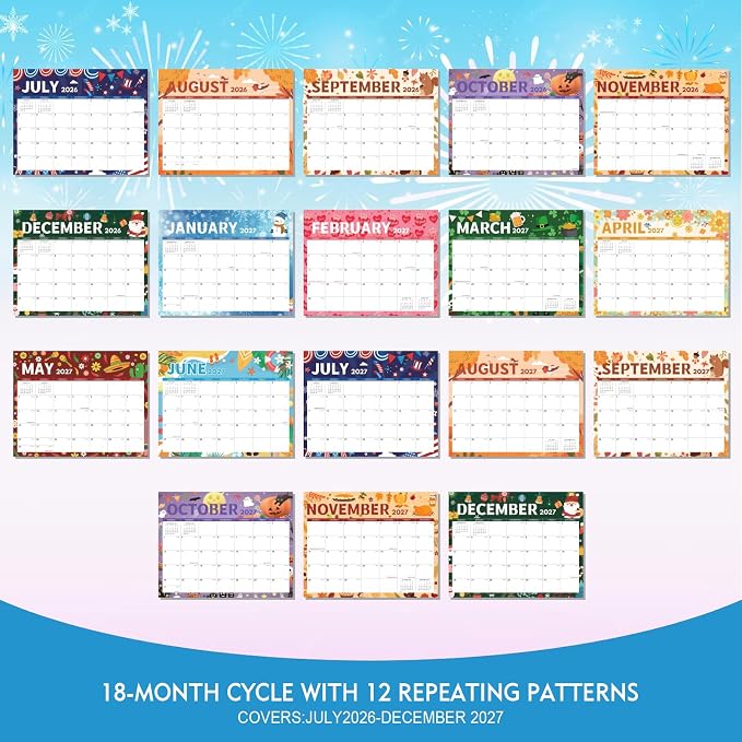 Comix 2026-2027 Wall Calendar, 18 Months Jul 2026 - Dec 2027 Monthly Planner, 120 GSM Thick Paper Lined Blocks, Hanging Calendar for Home Office Classroom, 14 x 11 Inch