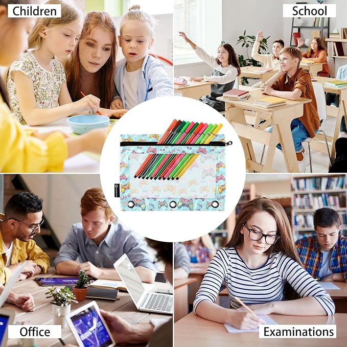 Mahjong Gambling Binder Pouches 3 Ring for Boys Girls School Office College Supplies Green White Doodle Pattern Pencil Pouches Case Bag with Clear Window and Zipper 2 Pack
