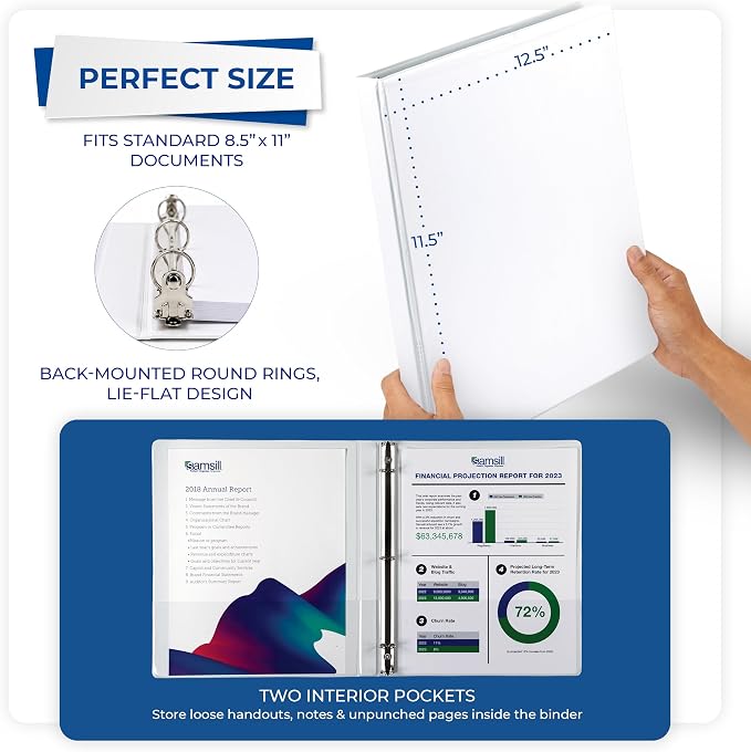 Samsill 0.5 Inch 3 Ring Binder, Economy Round Ring, Clear View Cover, 100 Sheet Capacity - for School, Home, Office - White, 6 Pack