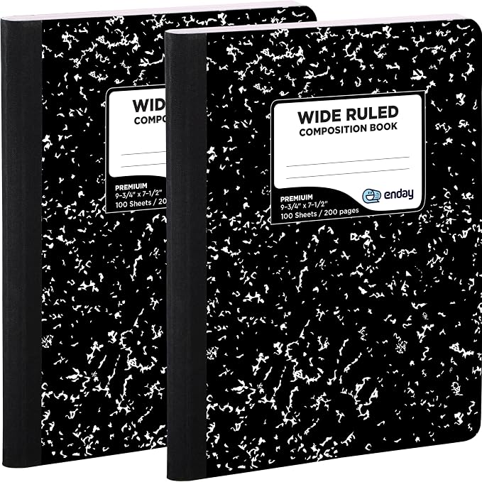 Enday Marble Composition Notebook Wide Ruled (2 Pack) 100 Sheets | Black Composition Notebook For Back to School, Home and Office