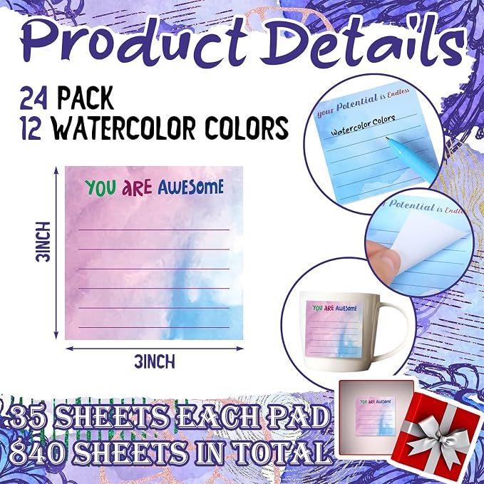 Yinder 12 Pcs Inspirational Sticky Notes, Back to School Supplies, Cute Motivational Sticky Notes Pad Employee Appreciation Gifts Bulk for Teacher Coworker Office 3 x 3'' (Appreciation,Watercolor)