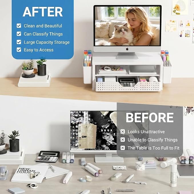 OPNICE Desk Organizers and Accessories, 2-Tier Computer Monitor Stand Riser with Drawer and 2 Pen Holders, Laptop Stand, Office Desk Accessories for Office Supplies, White