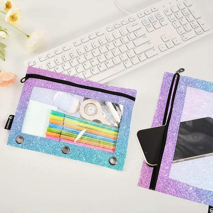Gredecor Binder Pencil Pouch 3 Ring Glitter Blue Pink Zipper Pencil Pouches Case 2 Pack Clear Binder Organizer for School Office
