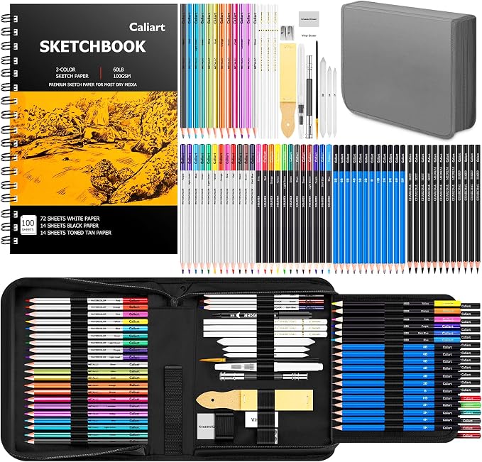 Caliart 176PCS Art Supplies Sketching Kit, 100 Sheets 3-Color Sketch Book | Graphite Colored Charcoal Watercolor & Metallic Pencils, Drawing Supplies Set Gifts for Artists Adults Beginners