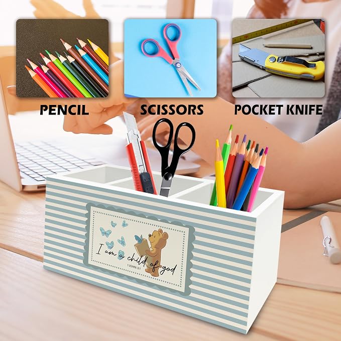 Christian Bear Pen Pencil Holder Organizer for Desk, Bible Verse Religious Wooden Box Signs Decorations for Kids Nursery Room Classroom Desk Tabletop, Christian Gifts for Kids